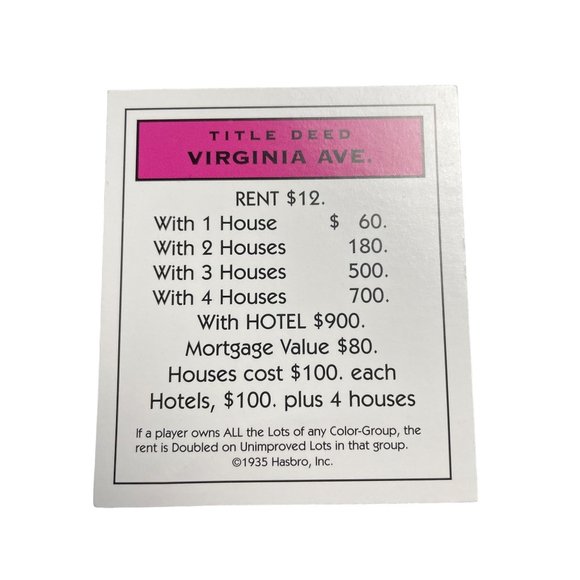 Monopoly Classic Virginia Ave Property Title Deed Card u - Picture 1 of 4